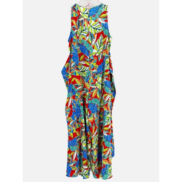 Nicole Miller NY Jumpsuit Wide Leg Belted V-neck Red Blue Multi - Picture 6 of 10
